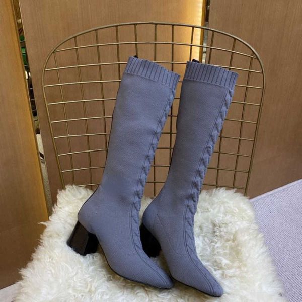 

brand casual shoes 2022 early autumn new elastic thick heel boots knitted long tube boots, Black