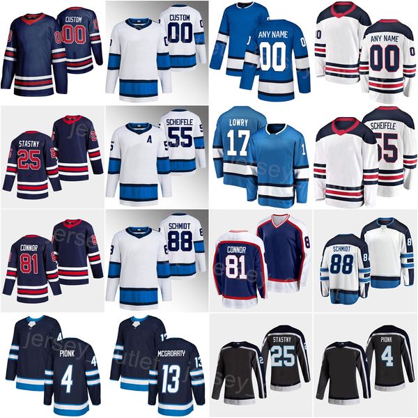 

reverse retro hockey 88 nate schmidt jersey 4 neal pionk 81 kyle connor 17 adam lowry 13 pierre-luc dubois 71 evgeny svechnikov 55 mark sche, Black;red