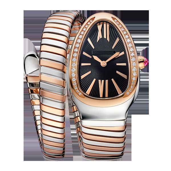 

luxury new women snake silver rose gold long short bracelet diamond bezel rome japanese quartz stainless steel sapphire watches, Slivery;brown
