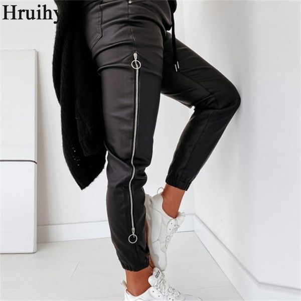 

pants women zipper design drawstring ruched pu mid fashion female long trousers autumn black casual streetwear 211119, Black;white