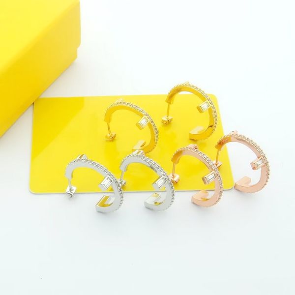 

europe america fashion style stud earrings lady women gold/silver/rose color hardware engraved letter f settings diamond c-shape earring, Golden;silver