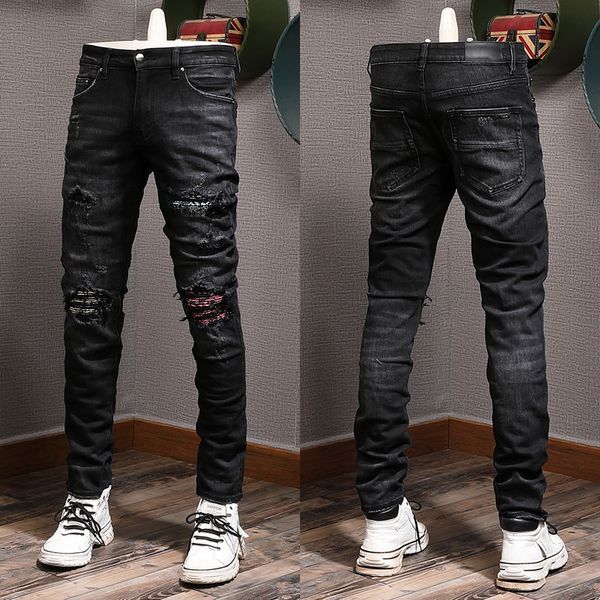 

biker stretch fit design denim jeans for mens slim painted patch trim leg cowboy pants male 12 a2zd, Black