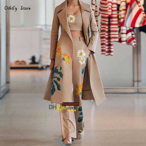 

luxurywomen's two piece pants women long trench coat sets autumn winter fashion temperament print flower windbreaker wide leg suit, White