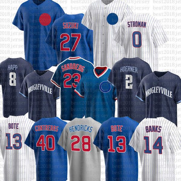 

chicago baseball jersey ryne sandberg marcus stroman david bote nico hoerner ian happ ernie banks nick madrigal clint frazier jason heyward, Blue;black
