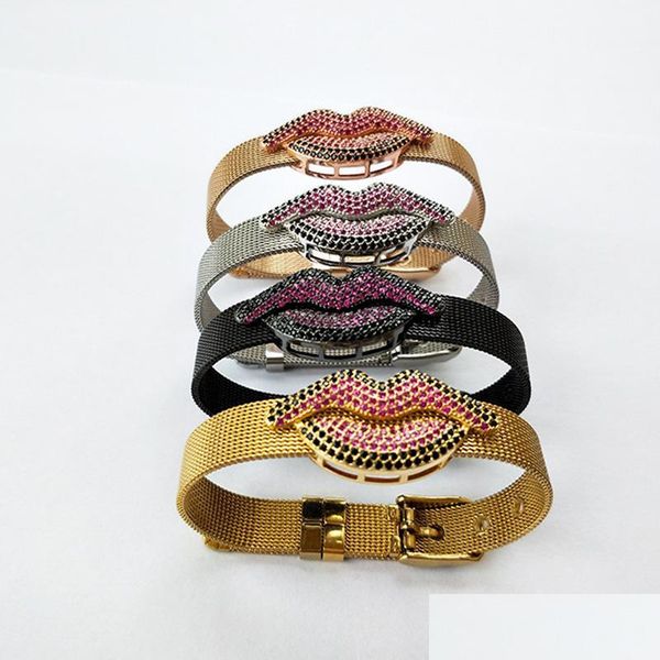 

chain micro pave zirconia red lip connector beads jewelry stainless watch belt bangle cz bracelet bg251 drop delivery 2022 bracelets dhinx, Black