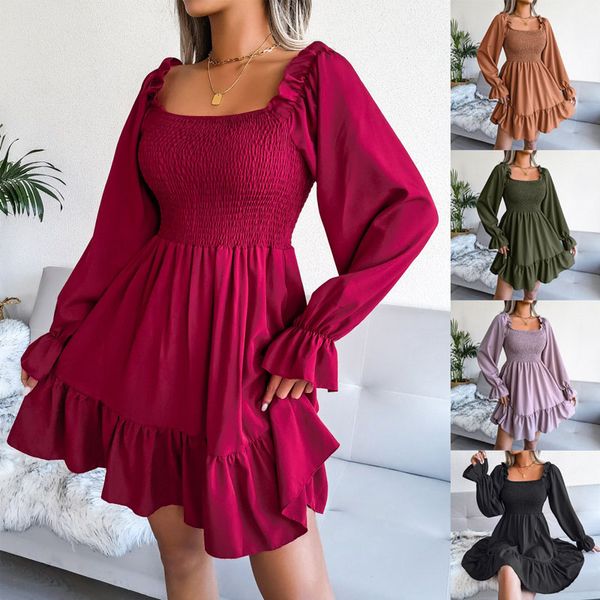 

autumn luxury dresses square collar horn long sleeve ruffle hem dress women korea chiffon loose waist womens designer clothing, Black;gray