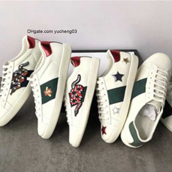 

leather flats genuine designer men women classic casual shoes python tiger bee flower cock love sneakers, Black