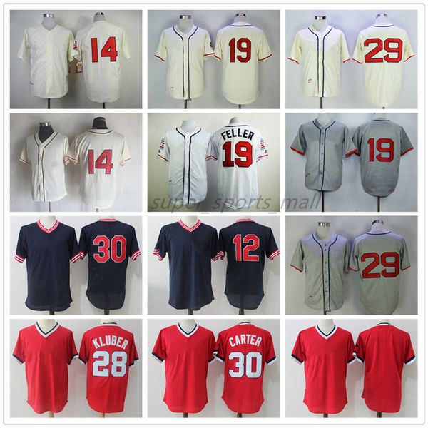 

vintage college baseball wears jersey 12 francisco lindor 14 larry doby 19 bob feller 28 corey kluber 29 satchel paige 30 joe carter blank 1, Blue;black