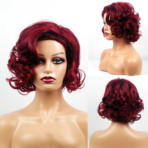 

burgundy synthetic hair short wigs curly wavy wig perruques de cheveux humains p041, Black