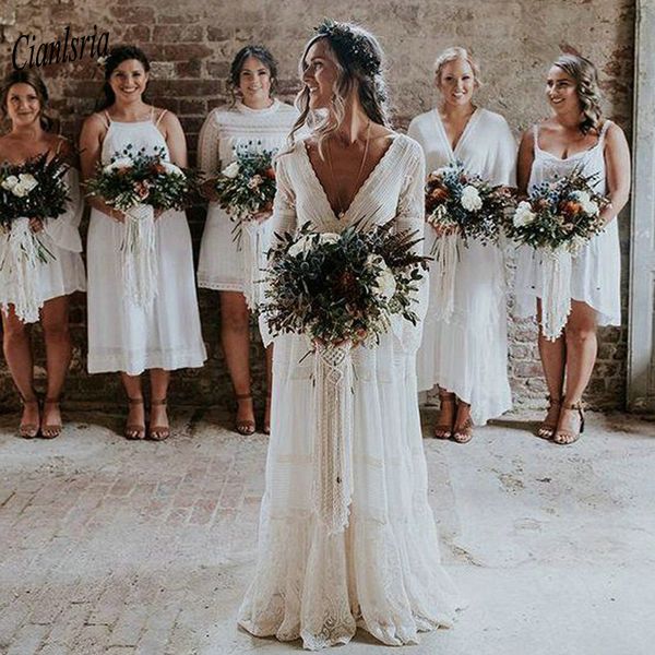 

bohemian country wedding dresses v-neck long sleeve appliques lace backless beach boho beach plus size wedding dress, White