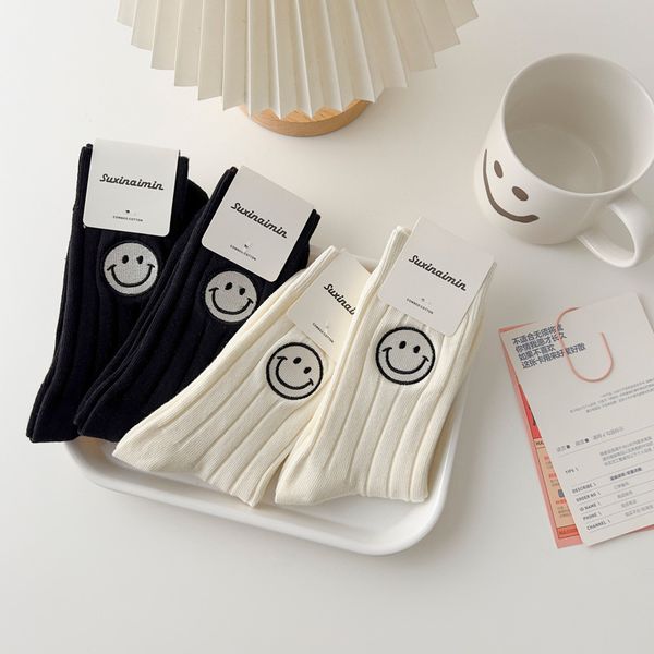 

double needle sock female fashion japanese cute embroidery smiley face in tube college style, Black;white