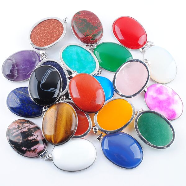 

natural oval pendant necklaces lapis lazuli rhodonite rose pink quartz stone new trendy silver plated fashion jewelrybn357