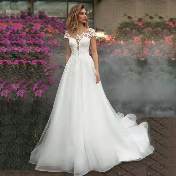 

2023 vintage long sleeves a line wedding dresses appliqued lace button tiered ruffles back bride gowns vestidos de novia robe de mariage, White