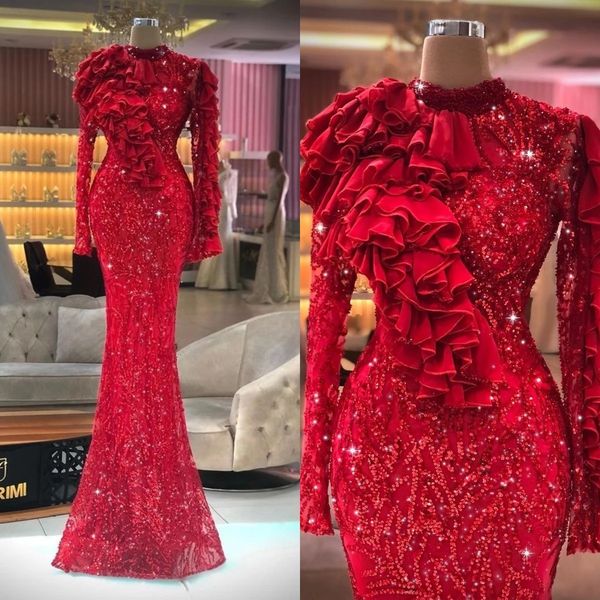 

amazing red high neck prom dresses mermaid ruffles long sleeves party dresses crystals beads sequins custom made evening dress, Black;red