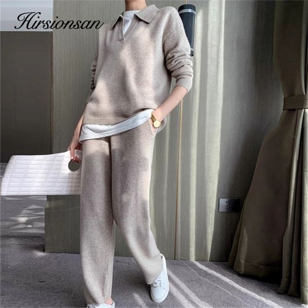 

hirsionsan cashmere turn down neck knitted set winter casual two pieces sweater and pants loose outfits tracksuit 220326, White