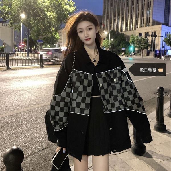 

European and American high street hiphop small fragrant denim jacket women's ins autumn versatile American retro checkerboard top, Blue