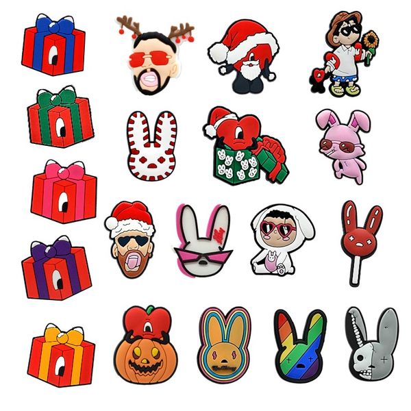 

moq 100pcs christmas bad bunny shape shoe charm 2d soft pvc shoe parts charms accessories trend clog buckles decorations fit men sandals fan, White;pink
