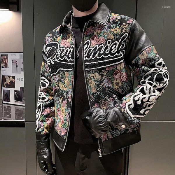 

men's jackets autumn winter floral print men fashion pu splicing bomber casual coat slim social streetwear masculina clothing 2022, Black;brown