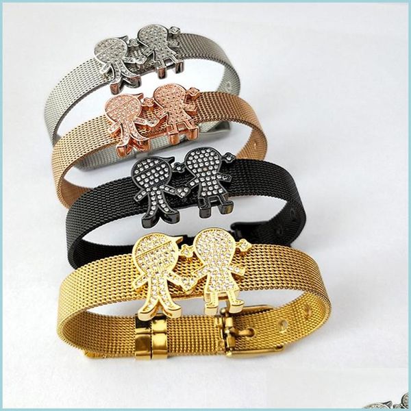 

chain micro pave zirconia little girl and boy connector beads jewelry stainless watch belt bangle cz bracelet bg217 drop delivery 20 dhrms, Black