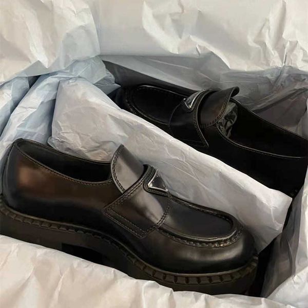 

dress shoes high version small women's p family triangle british style leather loafers with thick sole shoes, Black