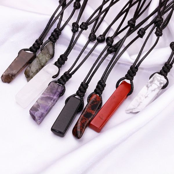

natural stone irregular rectangle pendant necklace amethyst tiger eye lapsi pink quartz crystal adjustable chain necklaces, Silver