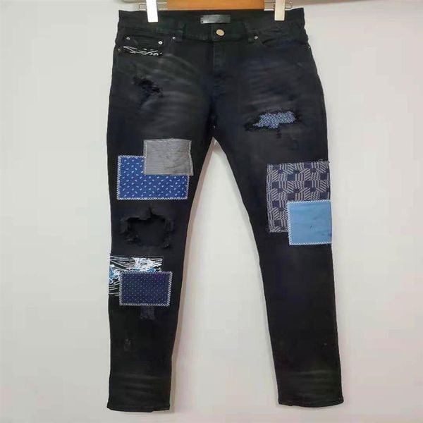 

new arrival am mens designer jeans fashion denim high street elastic patchwork ancient jeans spliced ripped biker pan322c, Blue