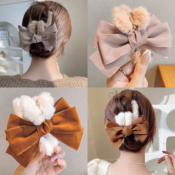 

autumn winter bowknot hair pins fashion large thick fluffy leisure hair grips for women girls beautiful hairs accessories, Black;brown