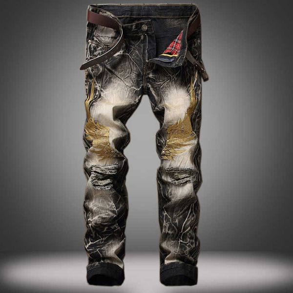 

jeans men's street personality embroidery wing hole jeans pants, Blue