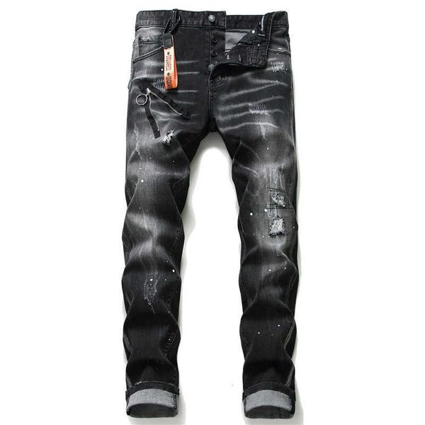 

men's slim fit hole patch stretch jeans square pants maple leaf, Blue