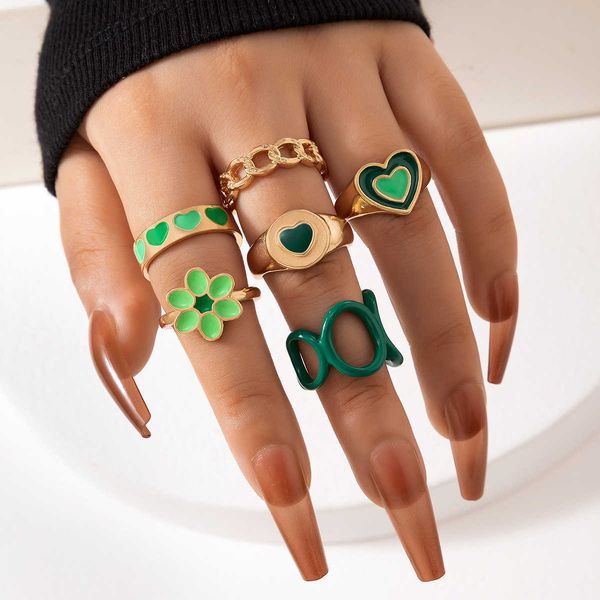 

jewelry green love oil dripping ring six piece geometric flower ring set, Silver