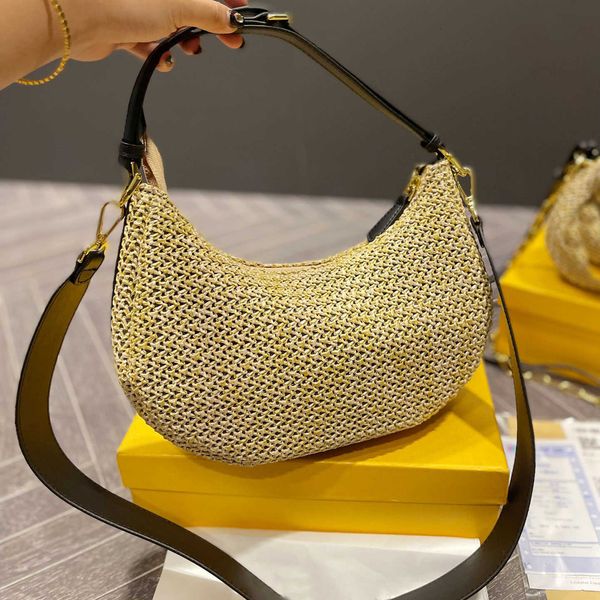 

handbag designer bags straw underarm bag crescent moon hand weave croissant bags women crossbody back handbag genuine leather zipper purse p