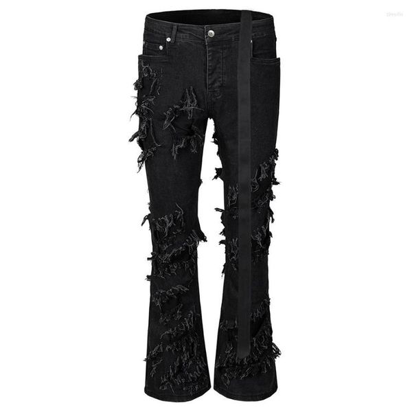 

flared fashion men's men's ripped jeans distressed streetwear black denim pants long ribbons trend man zugj