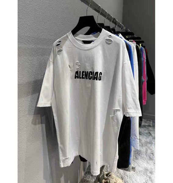 

fashion brand designer t shirt letter perforated short sleeve loose casual men's clothing white balanciagas, White;black