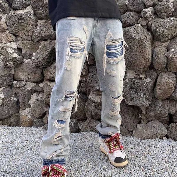 

men's jeans 2022 high street hole ripped vintage men hip hop baggy jeans trousers punk distressed retro washed straight denim pants pan, Blue
