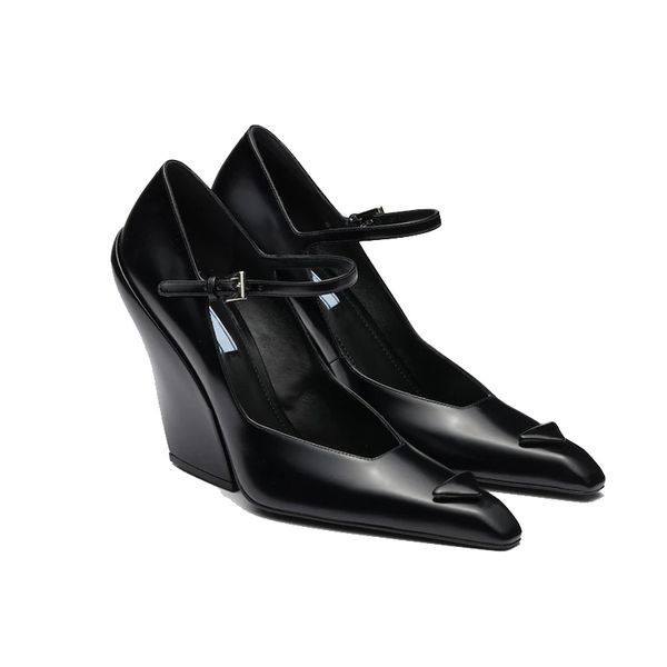 

9.5cm high heels women sandals slides designer new black leather fashion sandal stylish pointed origin quality luxurys geometry woman slippe