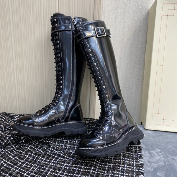 

alexander designer tall tread boots women knee high lace up booties wool fur lined patent black white leather winter shoes party dress platf