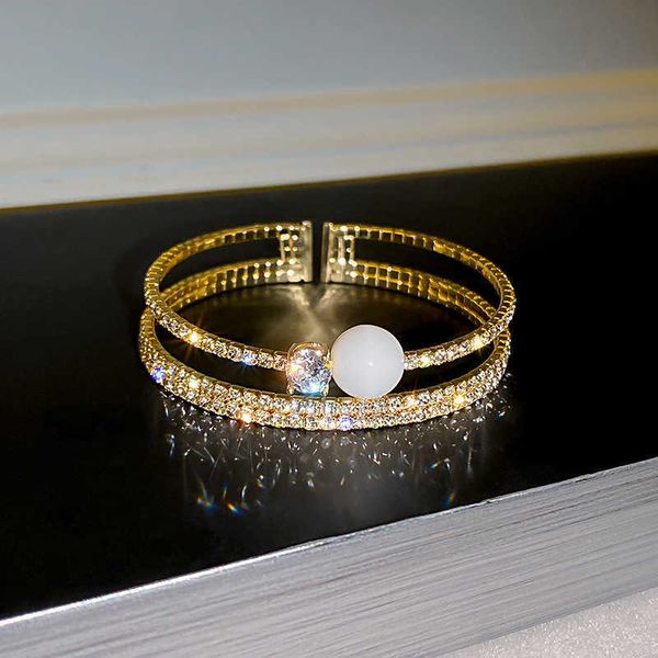 

luxury shiny golden geometric multilayer crystal bangle for her zirconia rhinestone bead pearl bracelet party jewelry for women link1, Golden;silver