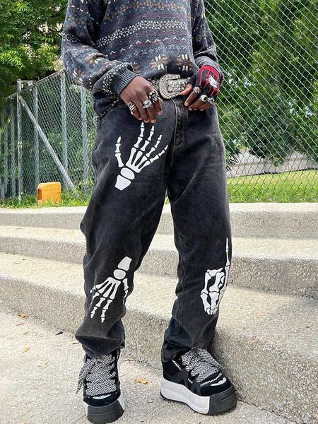 

men's jeans trendy black baggy jeans for men y2k clothes fashion skeleton printed trousers streetwear loose straight patched denim pant, Blue