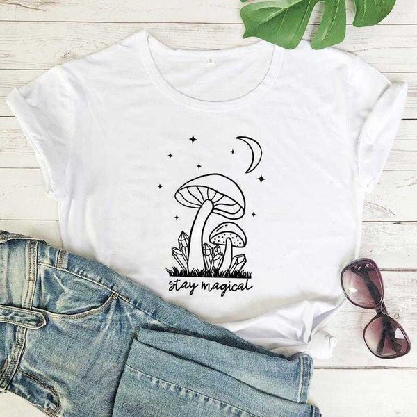 

stay magical t-shirt mushroom shirt goblincore tee women trendy casual vintage, White