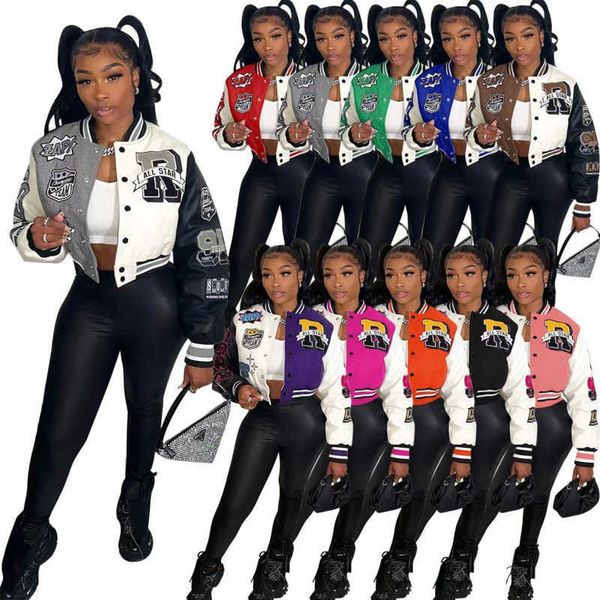 

retail womens fall and winter jacket new color contrast button fashion print threaded bomber coat, Black