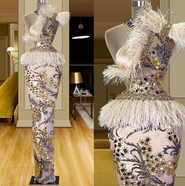 

luxury feathers mermaid prom dresses one shoulder beaded party dresses crystals sleeveless custom made evening dress, Black;red