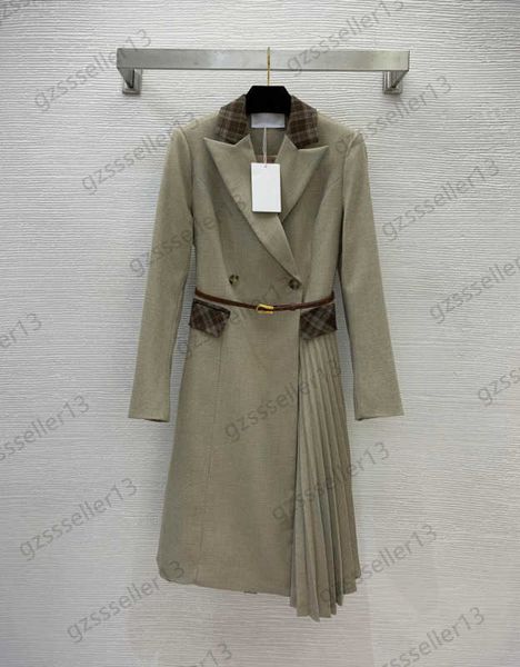 

casual dress womens designer clothing contrast color grid splicing lapel belt jacket long skirt one side irregular crimping design two buckl, Black;gray