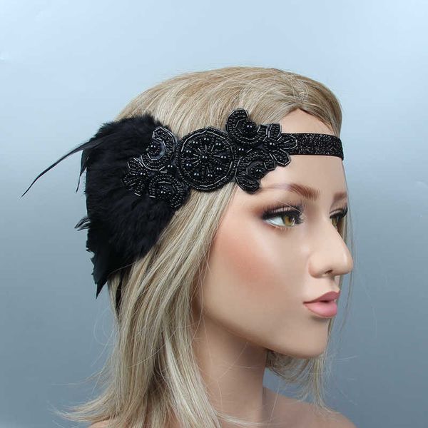 

boho black beading feather flapper headband 1920s feathers elastic hair band indian crystal beaded tassel hair accessories, Silver