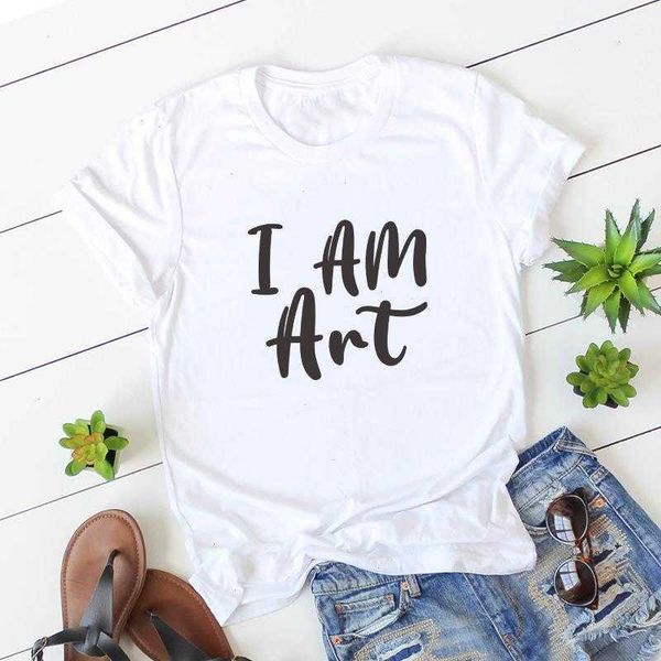 

i am art hipster women t-shirts short sleeve graphic letter print lady, White