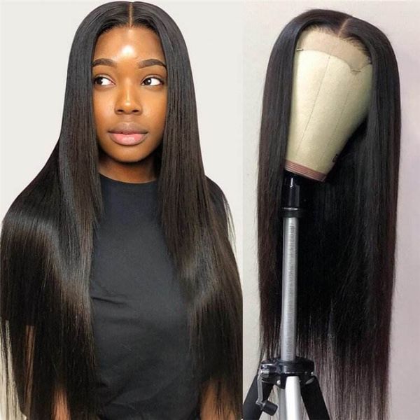 

brazilian human hair 4x4 lace closure wigs straight 150% 180% density, Black