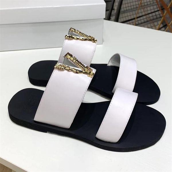 

dise ador de alta calidad sandalias planas tira metal negro las mujeres tributo con letras cuero reales caja size35-43233z, Black