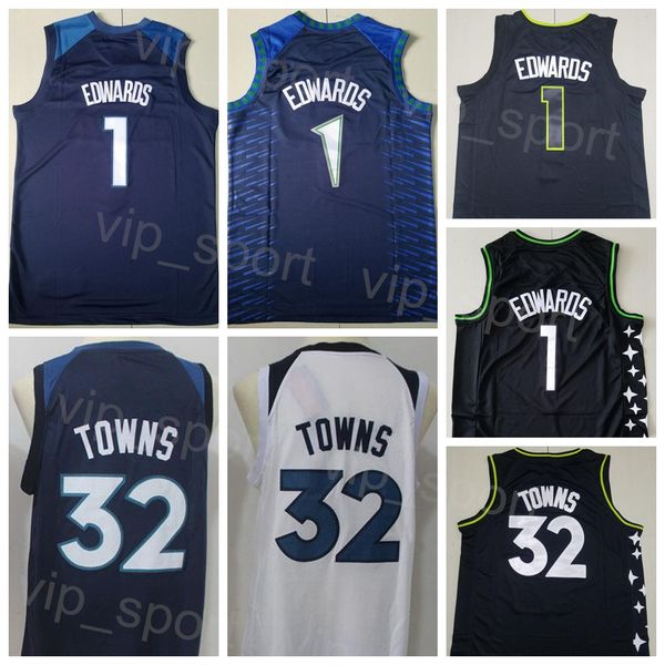 

men earned anthony edwards basketball jersey 1 karl-anthony towns 32 city classic statement icon association navy blue white black team colo, Black;red