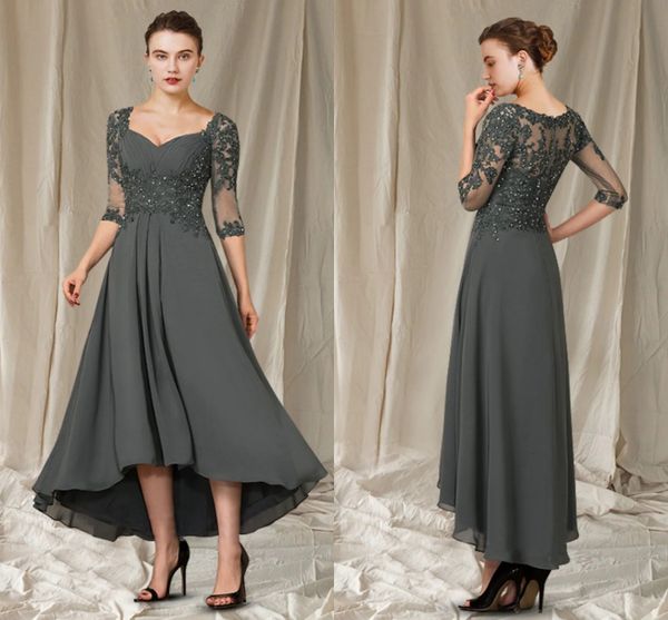 

a-line mother of the bride dress elegant v neck asymmetrical ankle length chiffon lace appliques half sleeve bridal party gown 2023, Black;red