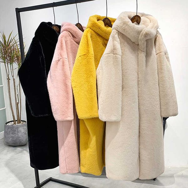 

women's fur faux winter women rabbit coat luxury long loose lapel over thick warm plus size female plush s t221107, Black