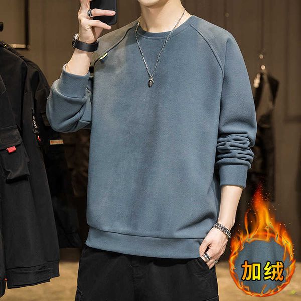 

velvet round neck bottoming men's long sleeve with plush and thickened inner solid autumn men, Black